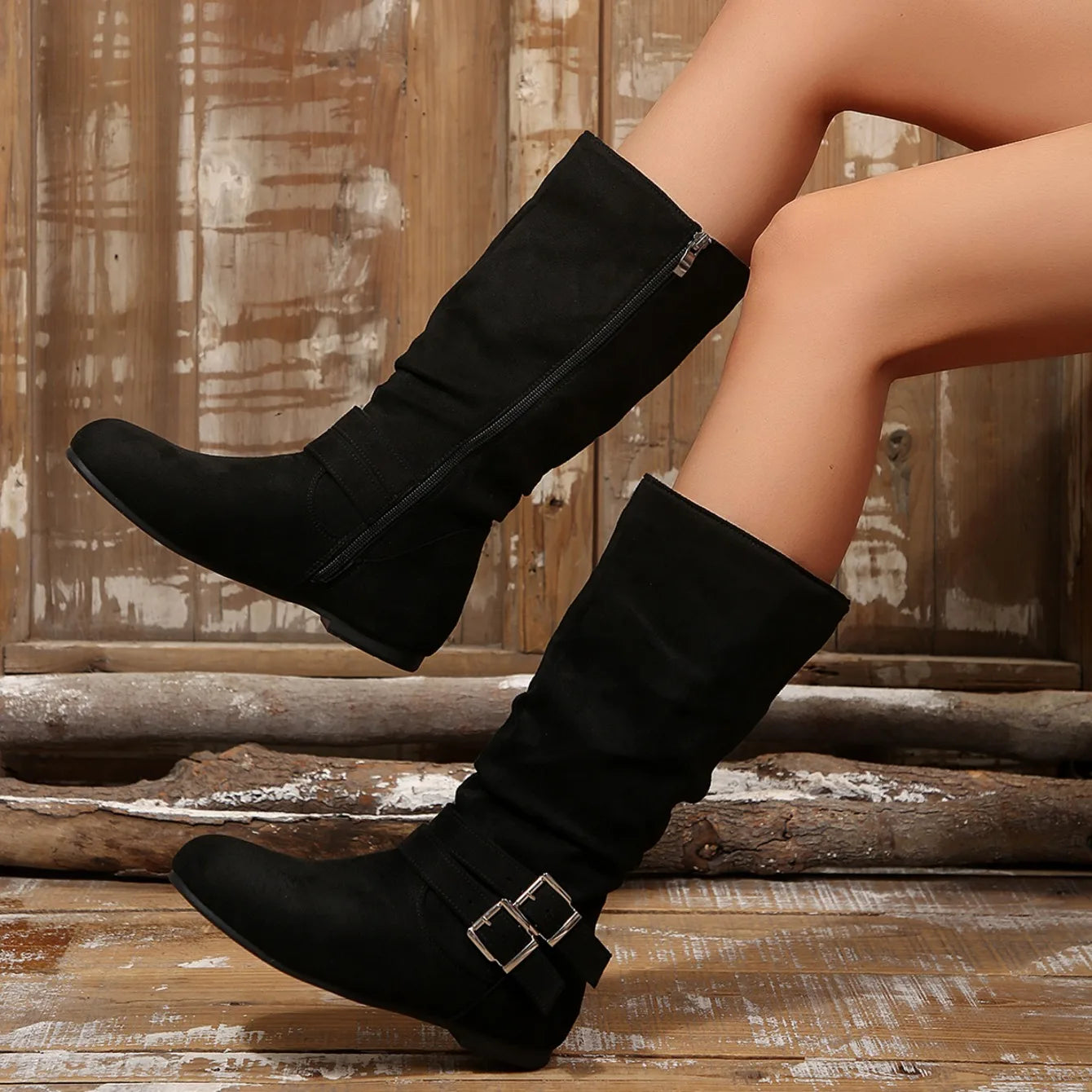 Spring Autumn Fashion Pleated Design Round Toe Women's Knee High Boots 2026 New Trend Buckle Strap Comfort Soft Sole Women Shoes