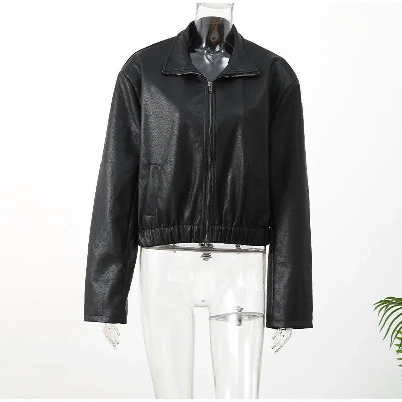 Black Short Leather Jacket Vintage Women's Stand Collar Full Sleeve V-neck Loose Jackets 2026 Lady  Autumn Casual Casual Outwear