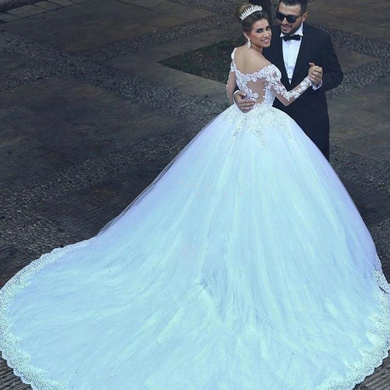 A-Line Luxury Princess Wedding Dresses 2023  Long Sleeve Lace Charming Bride Dress For Women