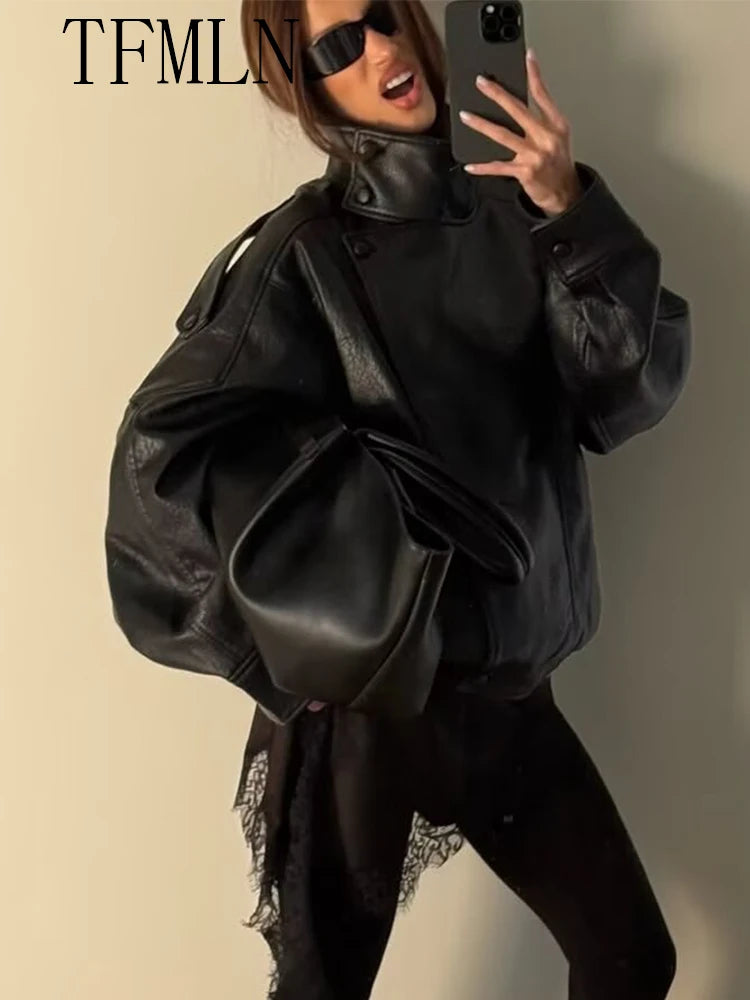 TFMLN 2026 Winter Women Faux Leather Loose Jacket High Street Stand Collar Long Sleeve Coat Fashion Zipper Thicken Outwear