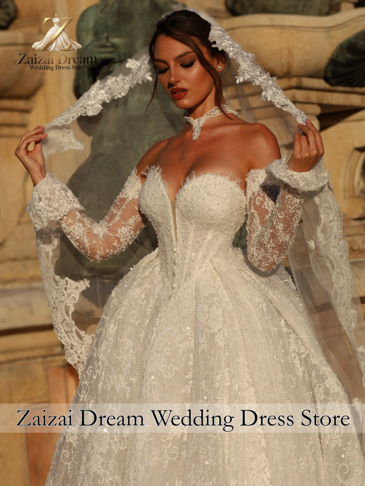 Customized Luxury Sparkly Lace Ball Gown Wedding Dress Sweetheart Deep V Off Shoulder Detachable Long Sleeves Vestido De Novia