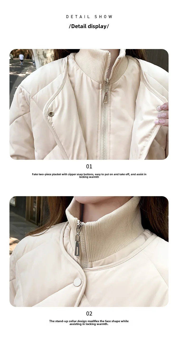 2024 Korean Style Argyle Spliced Down Coat Petite Cropped Warm Stand Collar Cotton Padded Jacket For Women Long Sleeves