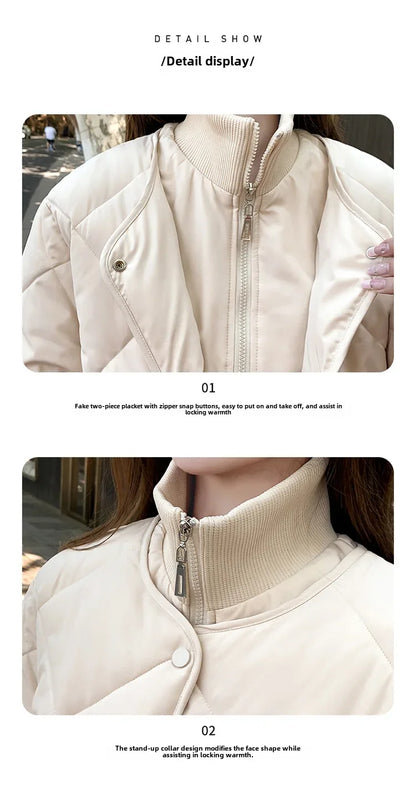 2024 Korean Style Argyle Spliced Down Coat Petite Cropped Warm Stand Collar Cotton Padded Jacket For Women Long Sleeves