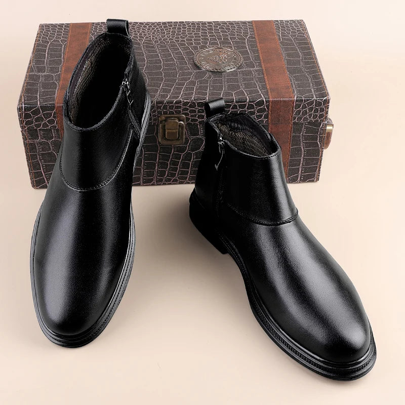 Winter New Fashion Cotton Shoes Men's Plush Genuine Leather Casual Snow Boots Slip on Male Business Footwear Comfy Ankle Boots