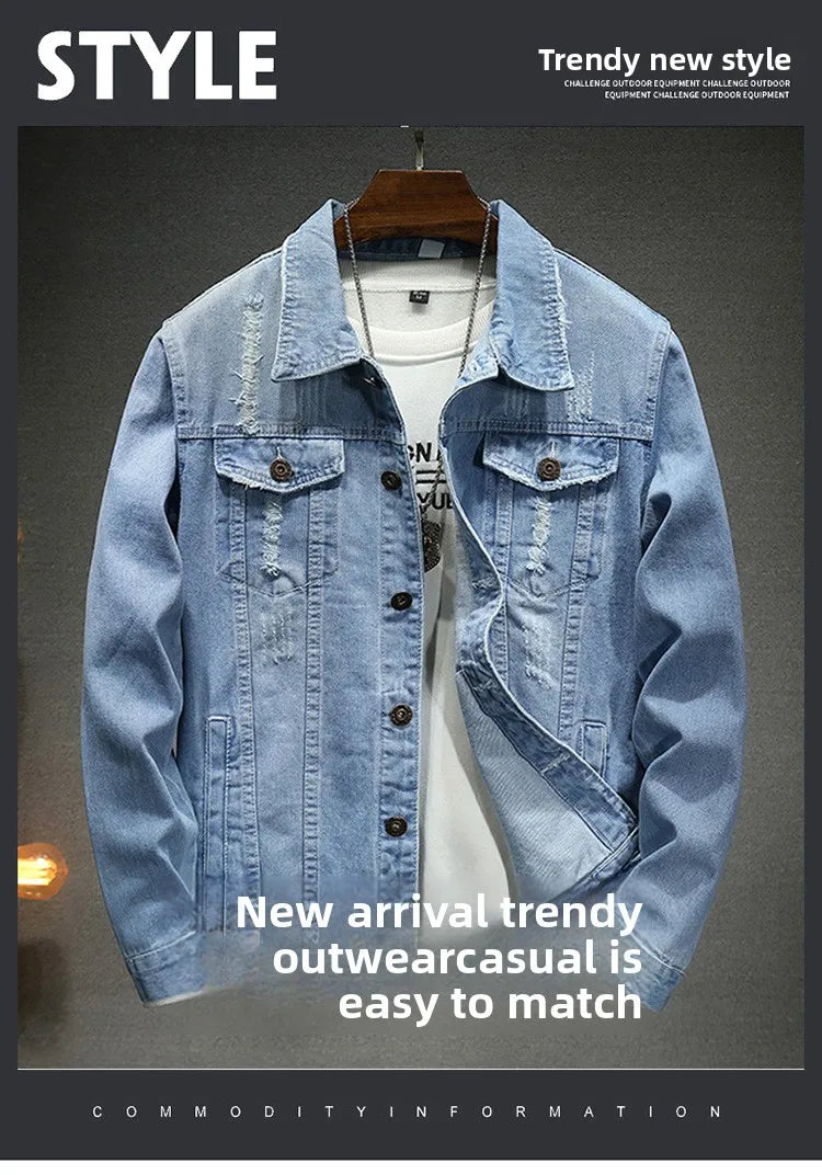 QICHE New Spring Autumn Men Light Blue Slim Denim Jacket Distressed Ripped Casual Outerwear