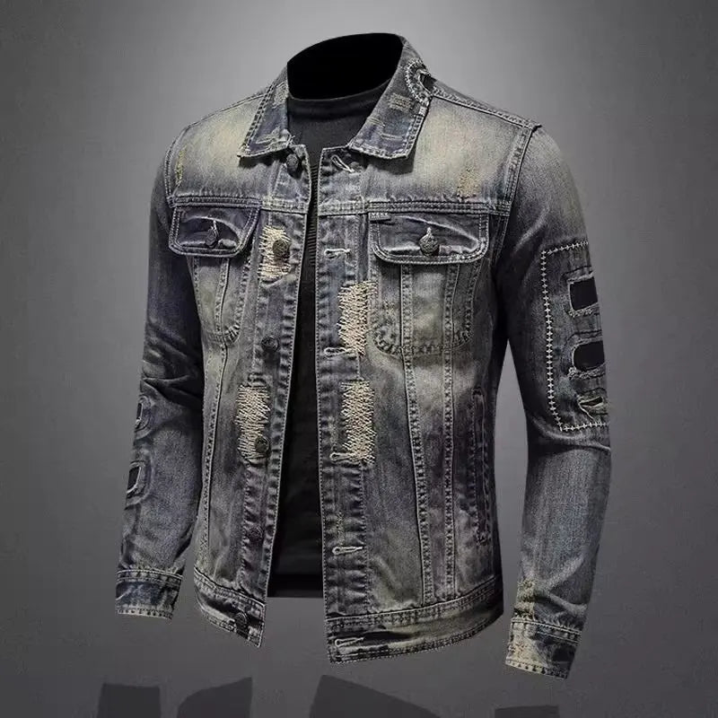 Men's Denim Jacket Vintage Distressed American Style Slim Fit Motorcycle Jacket Workwear Casual Coat Spring Autumn