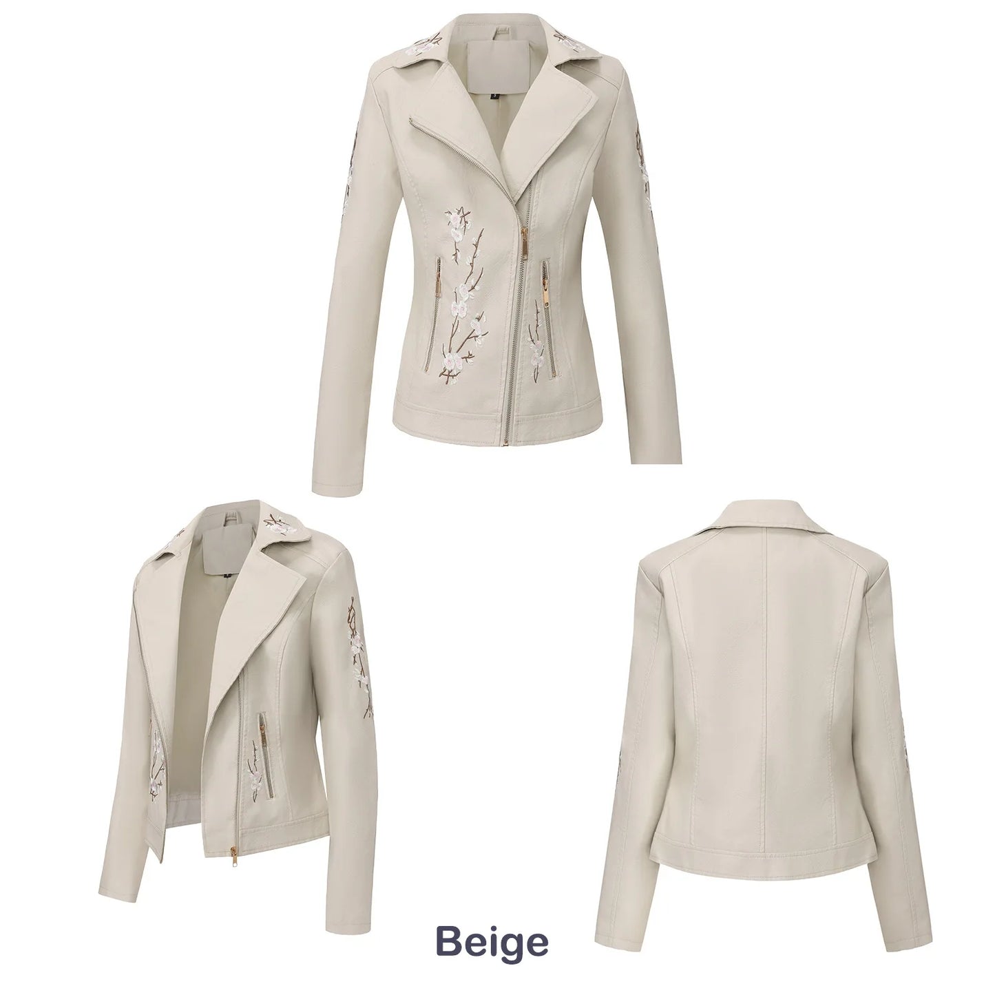 2026 New Women's Black Embroidered PU Jacket, Street-Style Brown Faux Leather Coat, Fashionable Beige Long Sleeves Top.