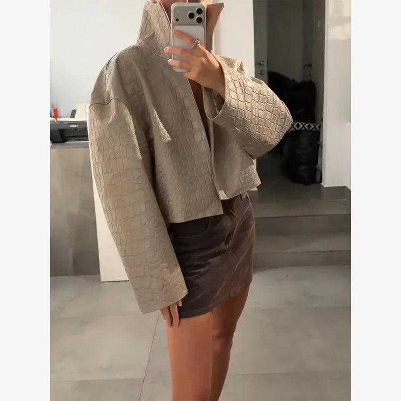 Women Cropped Faux Croc Leather Jacket Loose Solid Fashion Stand Collar Outerwear 2026 Autumn Street Winter Casual Party Coats