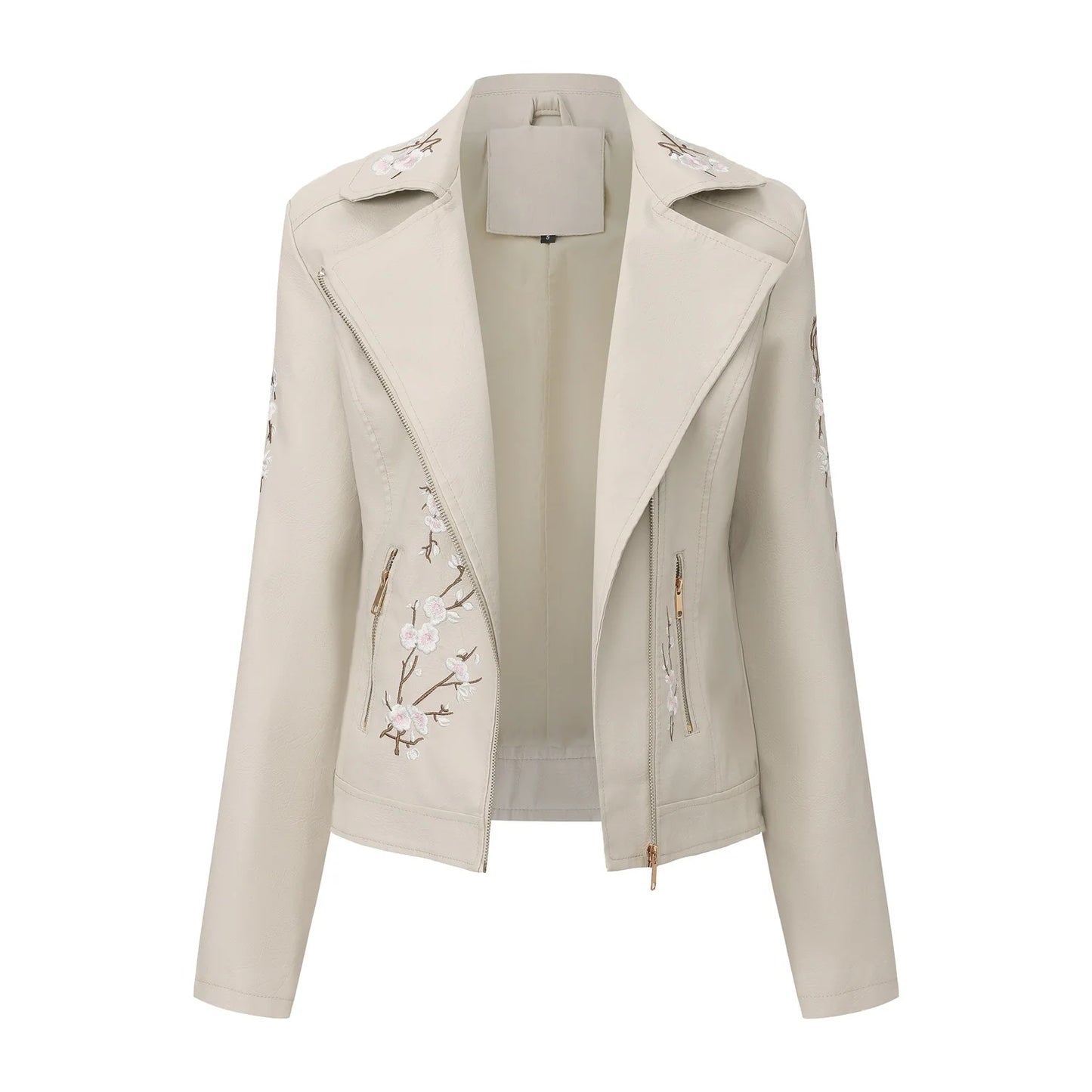2026 New Women's Black Embroidered PU Jacket, Street-Style Brown Faux Leather Coat, Fashionable Beige Long Sleeves Top.