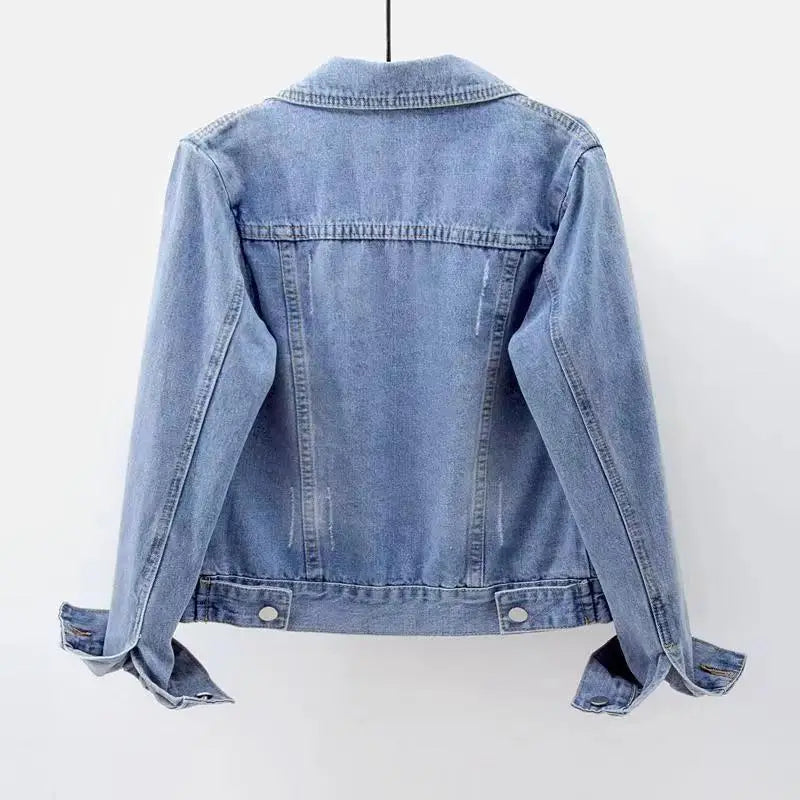 Women Spring Denim Jacket Short Slim Fit Washed Single Button Long Sleeve