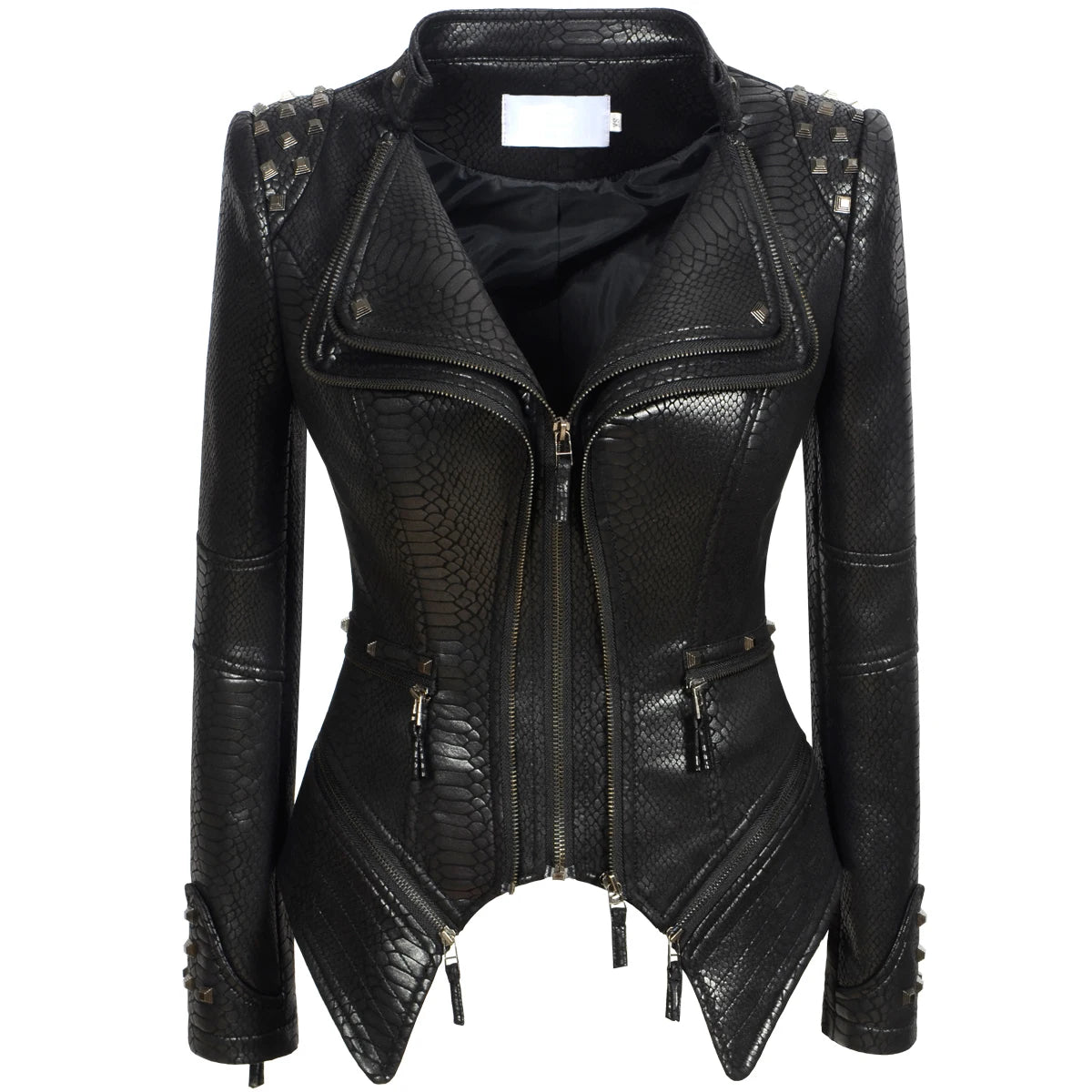 Snake Skin Print PU Women's Winter Jacket Stand Collar Zipper ClothesFashion Casual Pattern Coats Faux Leather Motocycle Top
