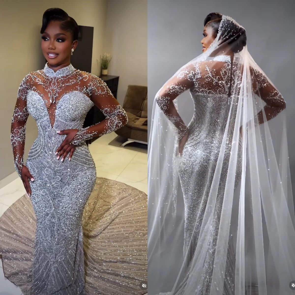 High Neck Sheer Long Sleeve Rhinestone Mermaid Wedding Dress Deep V Illusion African Bridal Gown Vestido De Novia Customized
