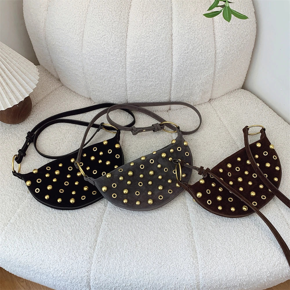 MOODS Branded Half-moon Shoulder Bags For Women Faux Suede Rivets Decor Crossbody Hobo Bags 2025 Latest Designer Handbags Luxury