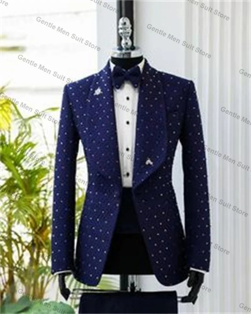 Crystals White Men Suits Set 2 Piece Blazer+Black Pant Wedding Tuxedo Coat Customized Formal Office Cotton Jacket Trousers