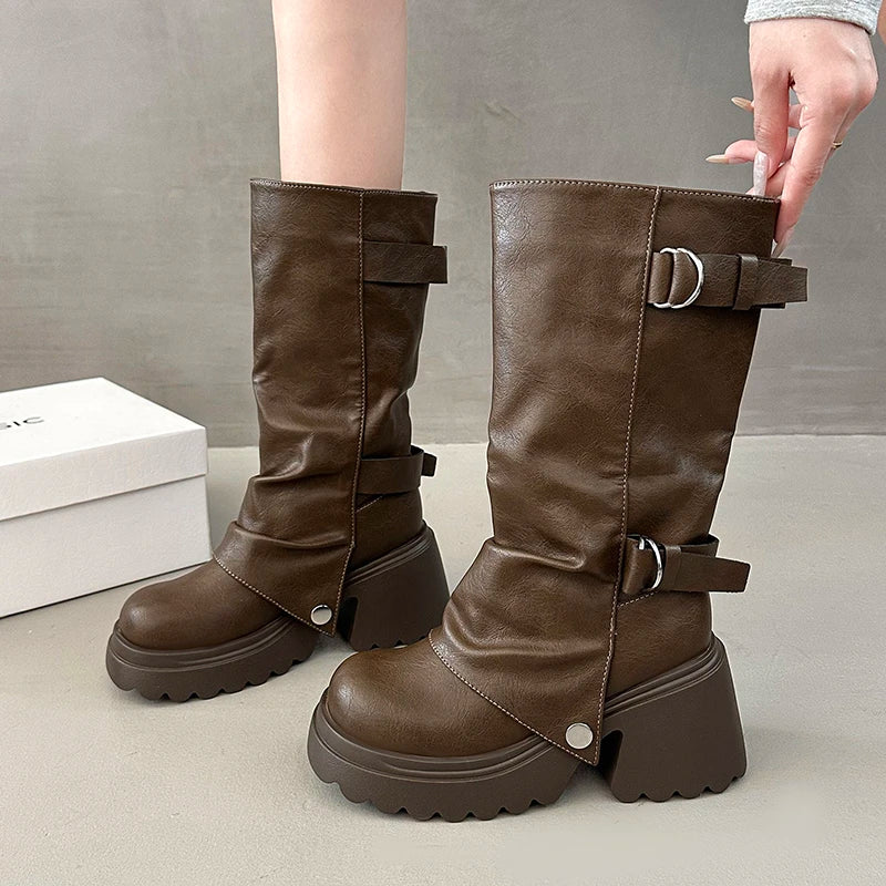 Shang Shi Black Thick High-heeled Thick Soled Boots for Women, 2026 New Winter Versatile Women's Zipper Slimming Pants Leg Boots
