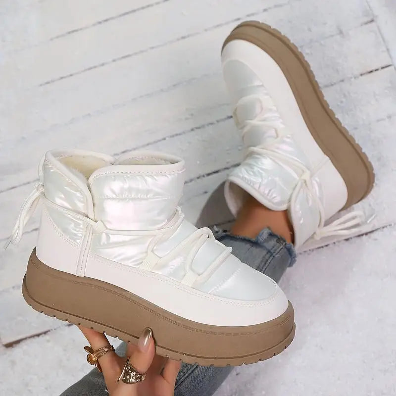 Comfort Platform Waterproof Snow Boots Women 2026 Winter Lace Up Decoration Thick Bottom Moon Boots Women Plush Short Booties
