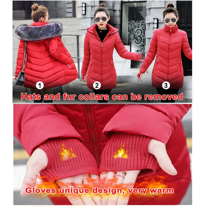 2024 New Wool Collar Hooded Winter Jacket Parkas Women's Jacket Thick Warm Cotton Cushion Down Coat Parka Coat Winter Long Fit D