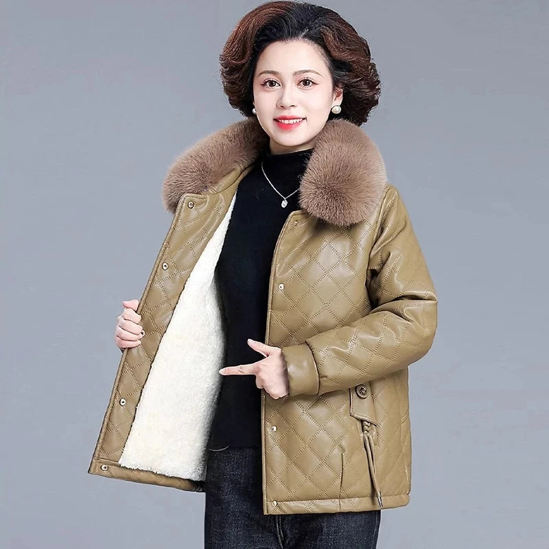 High End Middle Aged Women's Leather Jacket Winter New Thicken Warm Big Fur Collar Faux PU Leather Coat Female Outerwear 5XL