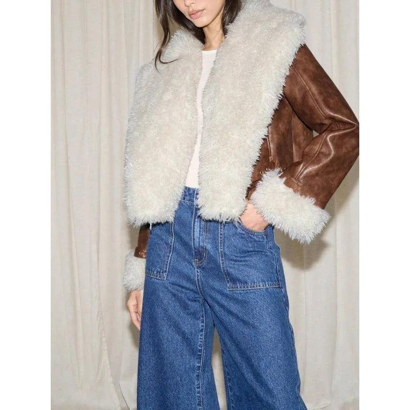 Women Brown Faux Leather Cropped Jacket  Lapel Collar Fur‑Trimmed Cuff Buckle Decor Zip‑Up Thick Warm Coat Lady Winter Outerwear