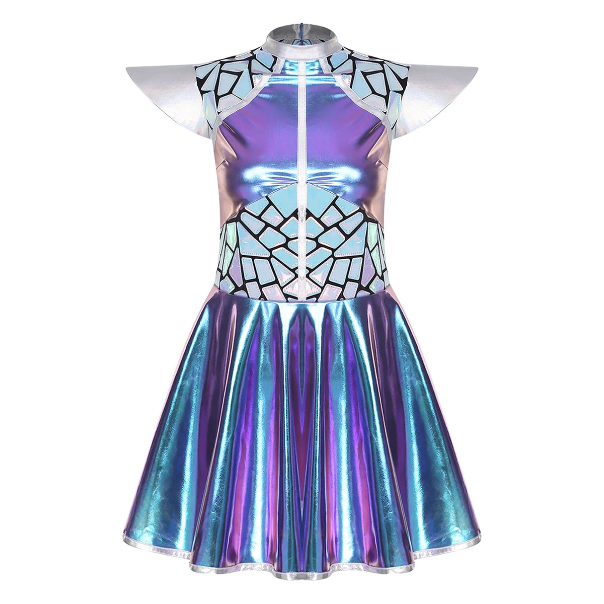 Womens Astronaut Alien Outer Space Alien Robot Cosplay Dress Halloween Cutie Costume Sequin Metallic Shiny A-line Mini Dresses