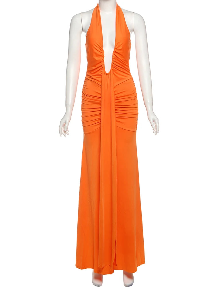 Weird Puss Backless Tassel Dress Women Peach Buttock Pleated Patchwork Solid Halter Sleeveless Midnight Clubwear Party Vestidos