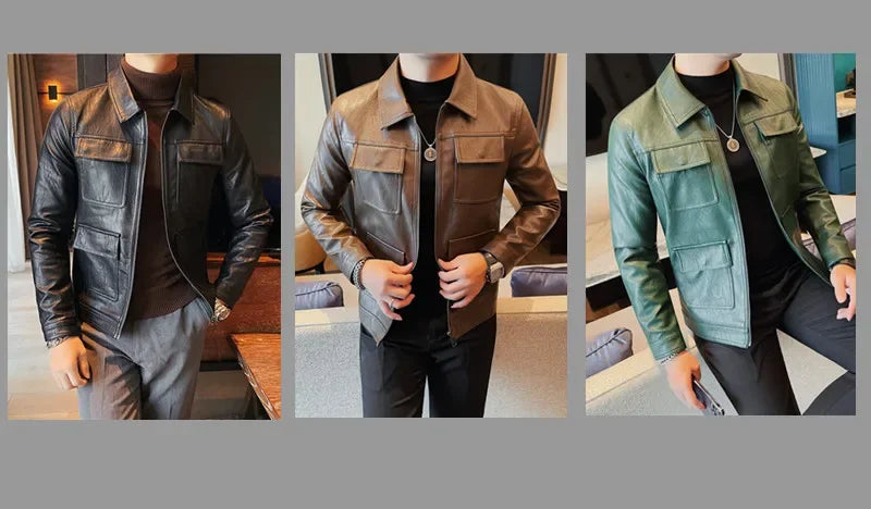 Autumn Winter High Quality Faux Leather Jacket Fashion Multi Pocket Design PU Leather Coats Man Vintage Business Slim Fit Coats
