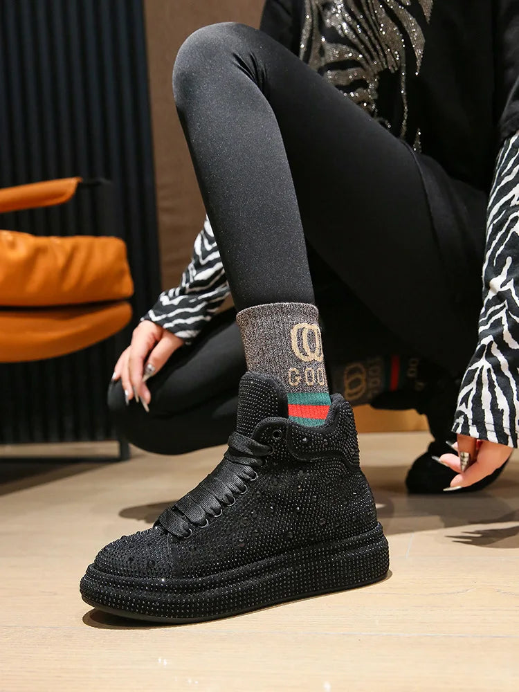 Diamond Elegant Boots and Ankle Boots for Women Winter Bottom Women's Snow Boots Round Toe Thick Bottom Warm Flashing Shoes