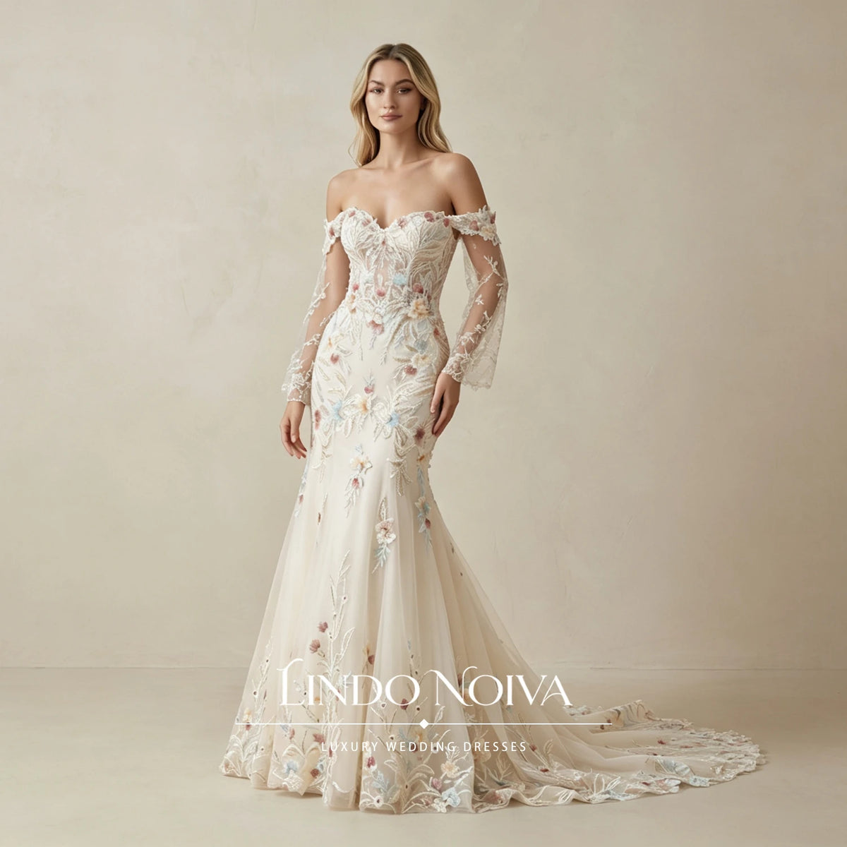 LINDO NOIVA Off The Shoulder Mermaid Wedding Dress Floral Embroidery Bridal Gown Romantic Train Vestido De Novia Customized
