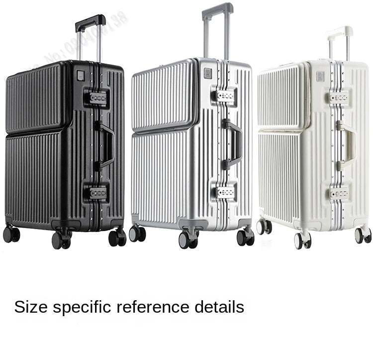 New 20'' Boarding Box Front Opening Suitcase Aluminium Frame 24/27 inch Rolling Luggage with Cup Holder Mobile Phone Holder