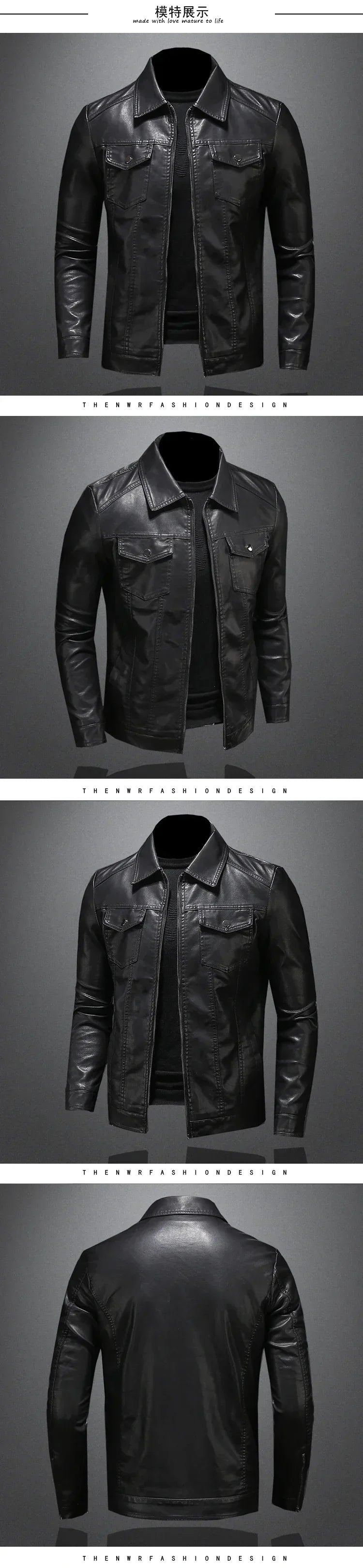 Men's Motorcycle Leather Jacket Large Size Pocket Black Zipper Lapel Slim Fit Male Spring Autumn High Quality PU Coat