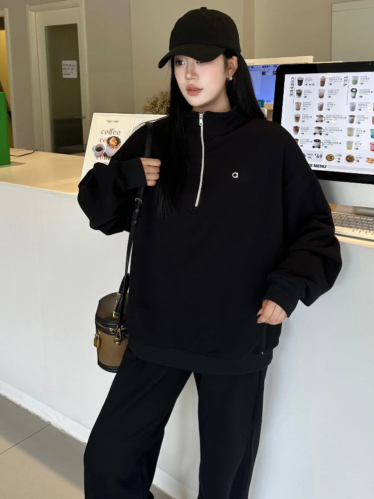 Leisure Solid Color High Waist Trouser Sets 2025 Autumn and Winter Women's Sports Suit Loose Fit Zipper Pullover Two-piece Set