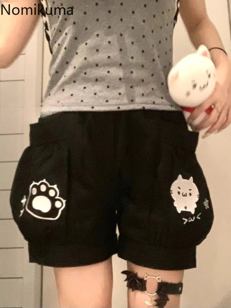Cute Japanese Shorts for Women Cartoon Embroidery Pockets Black Shorts 2025 New Tottoms Casual Chic Pantalones Cortos De Mujer