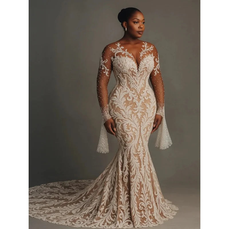 Custom African Sexy And Elegant Mermaid Wedding Dress With Deep V-Neck Long Sleeved Pearl Embroidery And Rhinestone Decoration