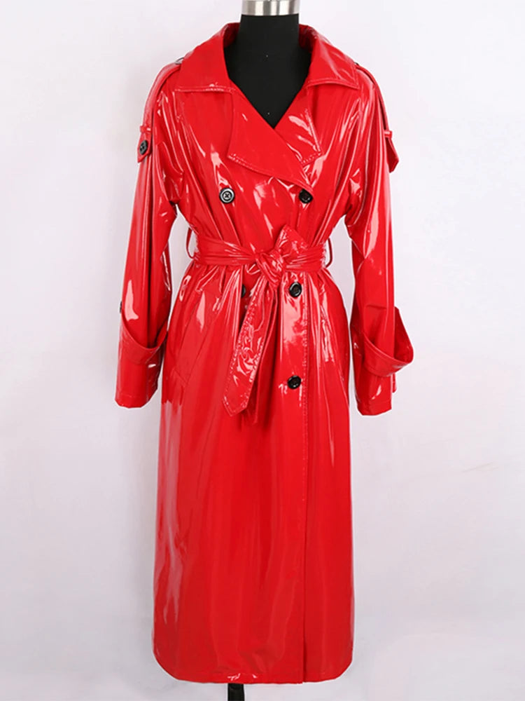 Nerazzurri Long Waterproof Black Patent Leather Trench Coat for Women 2020 Double Breasted Iridescent Oversized Leather Coat 7XL
