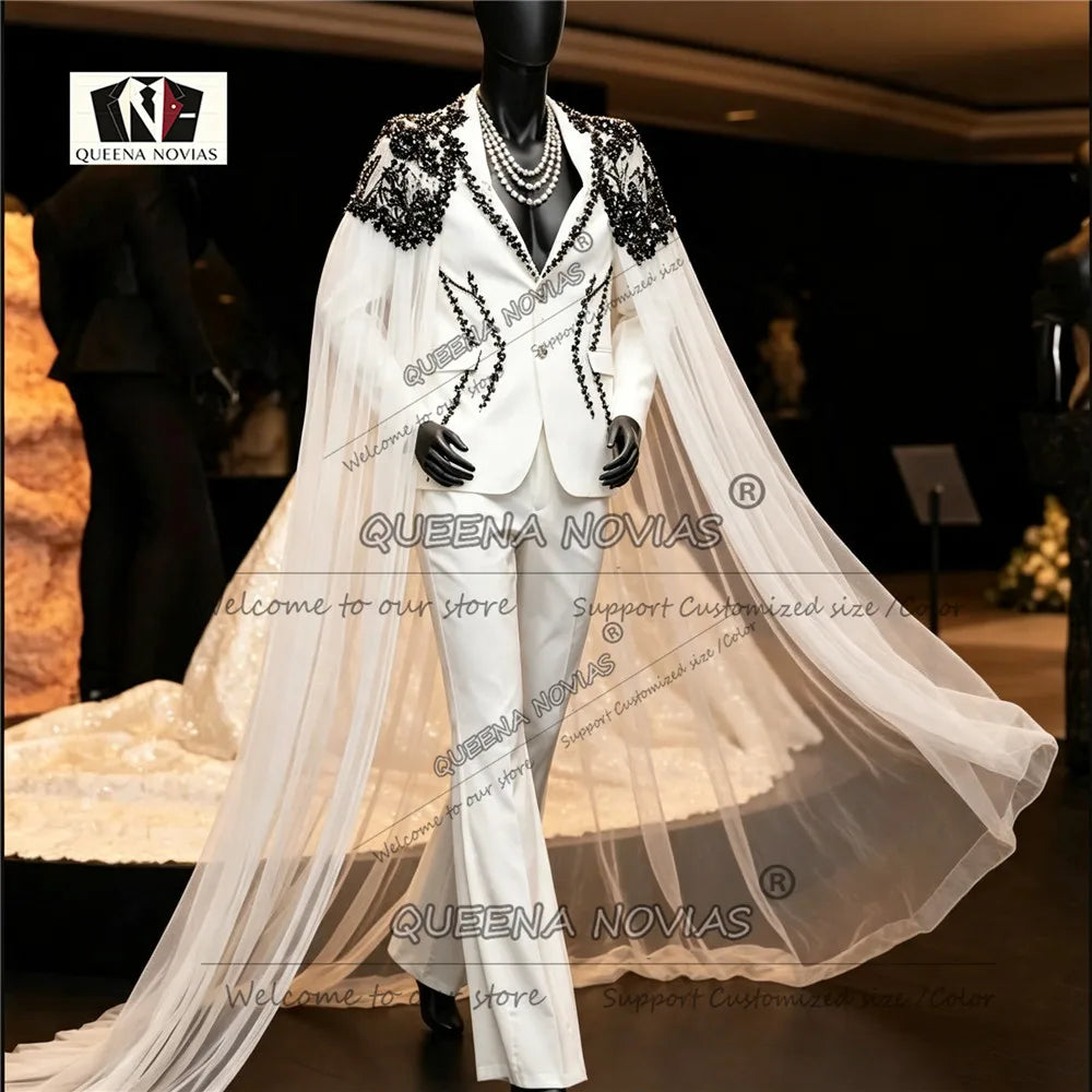 Elegant Wedding Suits For Man Black Beaded Stone Jacket With Tulle Cape Long Customized Groom Tuxedo Slim Fit 2 Piece Sets Dress