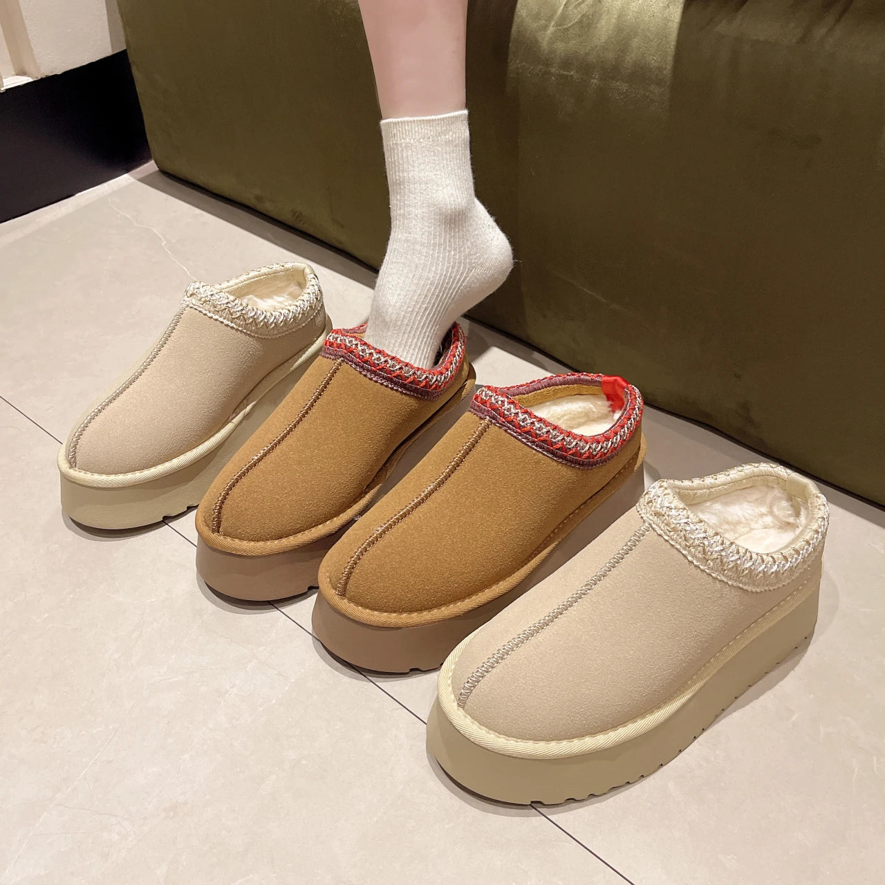 Snow Boots Women 2026 Winter New Short Cashmere Warm Thick-soled Shoes Without Heels Wool Half Slippers Women's Cotton Shoes
