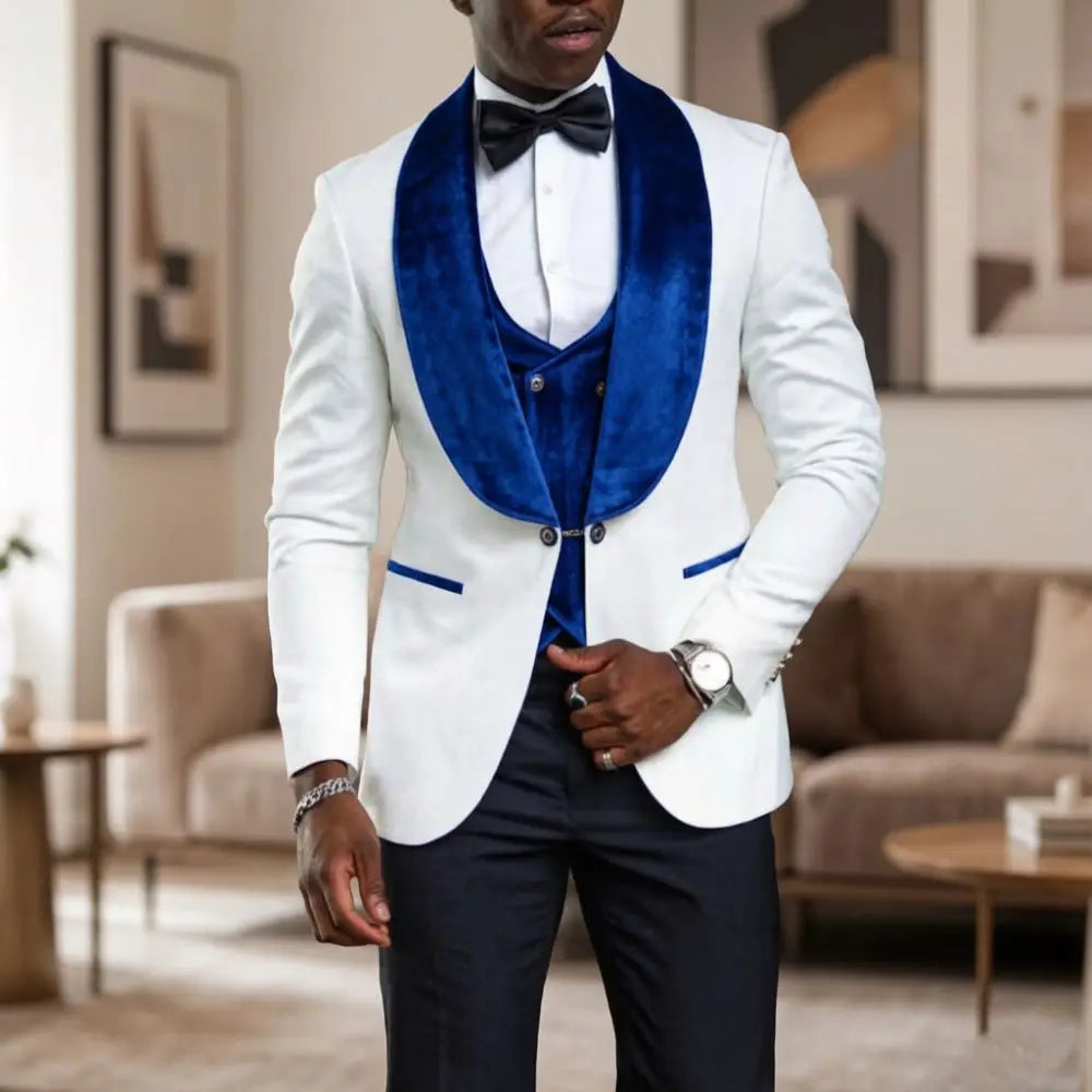 White Formal Suits for Men Slim Fit 3 Pieces Custom Made Wedding Tuxedo Mix Match Velvet Shawl Lapel Prom Movie Premiere Wear