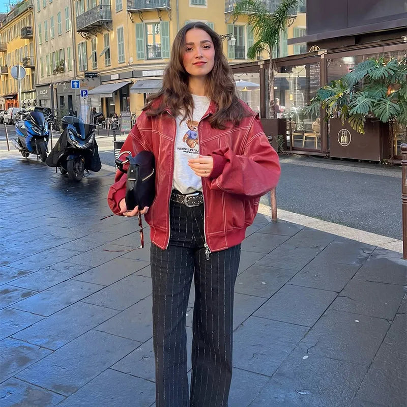 Women Stand Collar Leather Pilot Jacket Red Zipper Cropped Coat Fashion Casual Fashion Outerwear 2026 New Arrival Streetwear