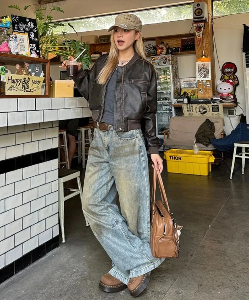 New in Autumn Winter Women High End Short Motorcycle Leather Jacket Women Top Retro Brown Loose Casual Coat Female Clothing
