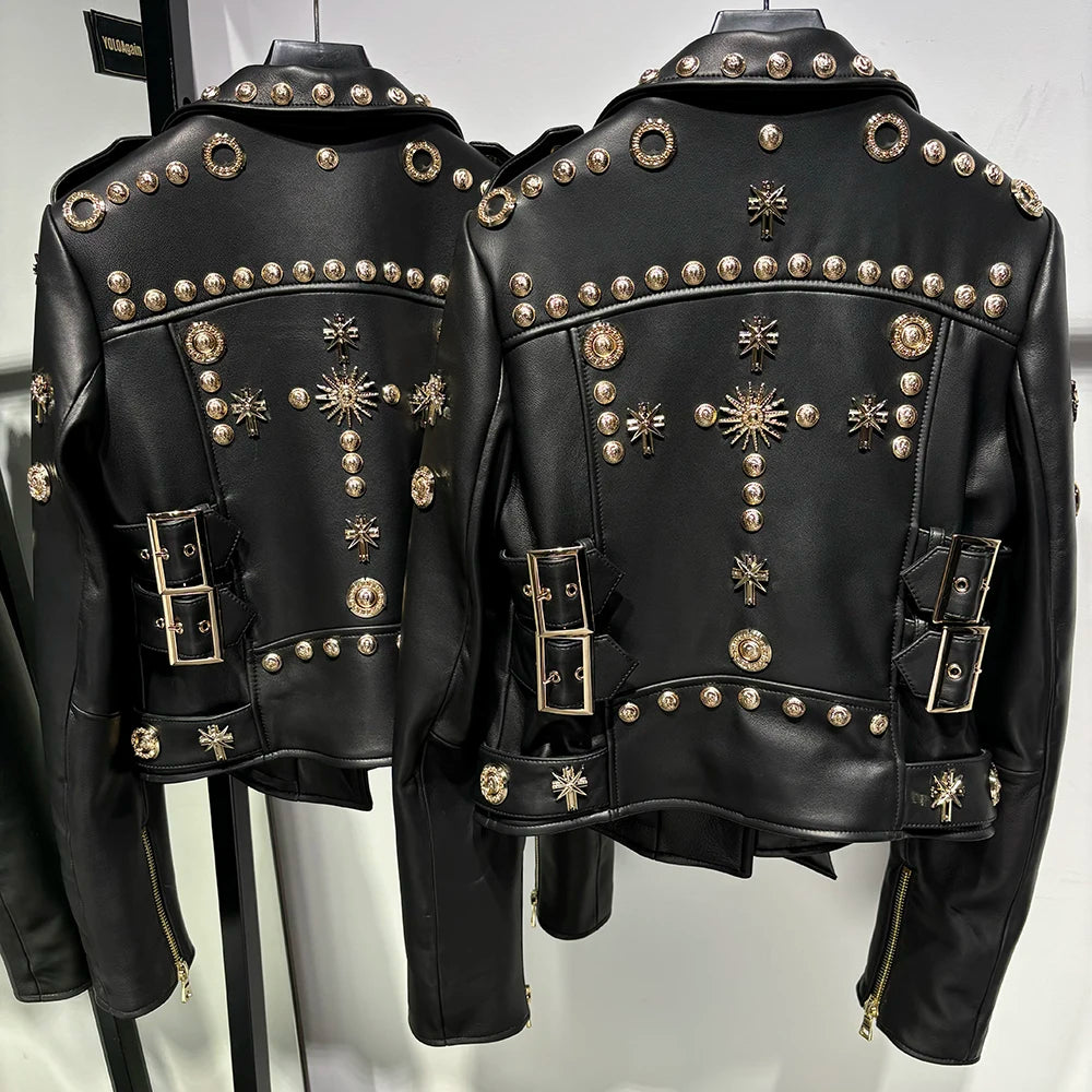 Women Stylish Gold Rivet Real Leather Jacket High Glossy Genuine Leather Asymmetrical Zip Biker Jacket