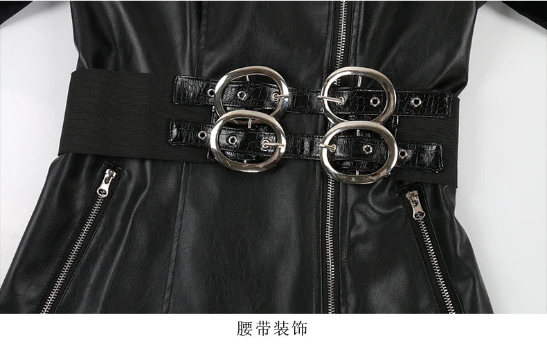 Nerazzurri Spring Autumn Long Black Stretchy Velvet Patchwork Pu Leather Coat Women with Double Belt Luxury Designer Clothes