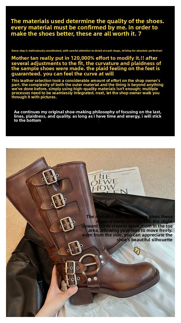 Arden Furtado Women's Cowhide Riding Boots Round Toe Pull-On Mid-Calf Genuine Leather Boots with Belt Buckle Knight Style