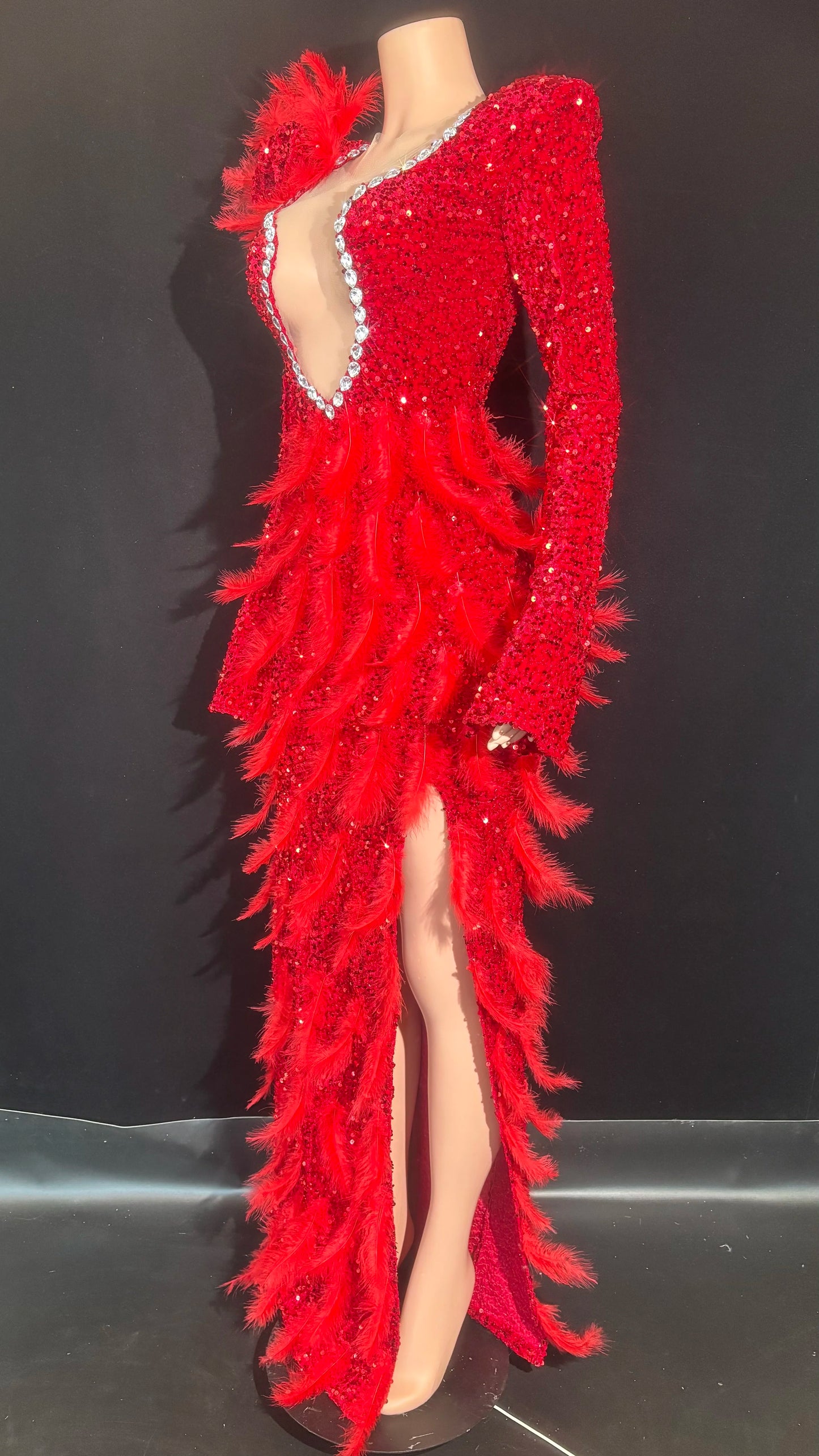 Sparkly Diamonds Feather Red High Slit Wedding Party Gown Luxury Evening Celebrate Performance Singer Costume Festival Dresses