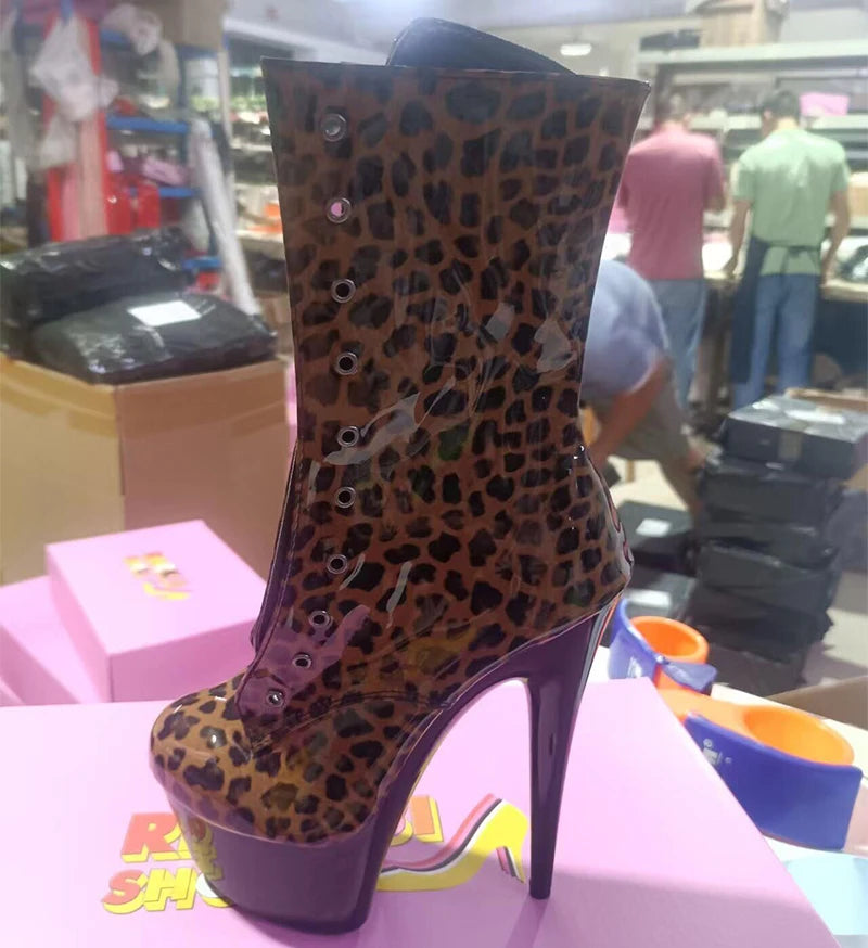 Exotic 20 cm Leopard Print Gothic Stripper Heels Size 34-46 8Inch Platform Ankle Boots Strip Pole Dance Catwalk Round Toe Women