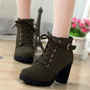 Boots Women Shoes Women Fashion High Heel Lace Up Ankle Boots Ladies Buckle Platform Artificial Leather Shoes Bota Feminina 2024