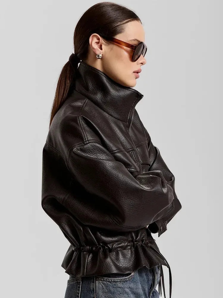 LGRQ Stand‑Collar Long Sleeve Biker Faux Leather Jacket Women Vintage Drawstring Waist Cropped Outerwear 2026 Autumn 19DB3772