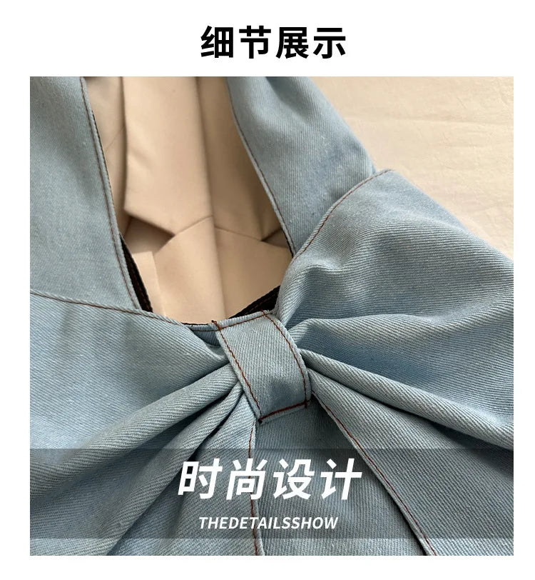 Sweet Bowknot Design Women's Denim Shoulder Bags Commuter Thread Ladies Handbags Casual Lightweight Female Underarm Tote Bag