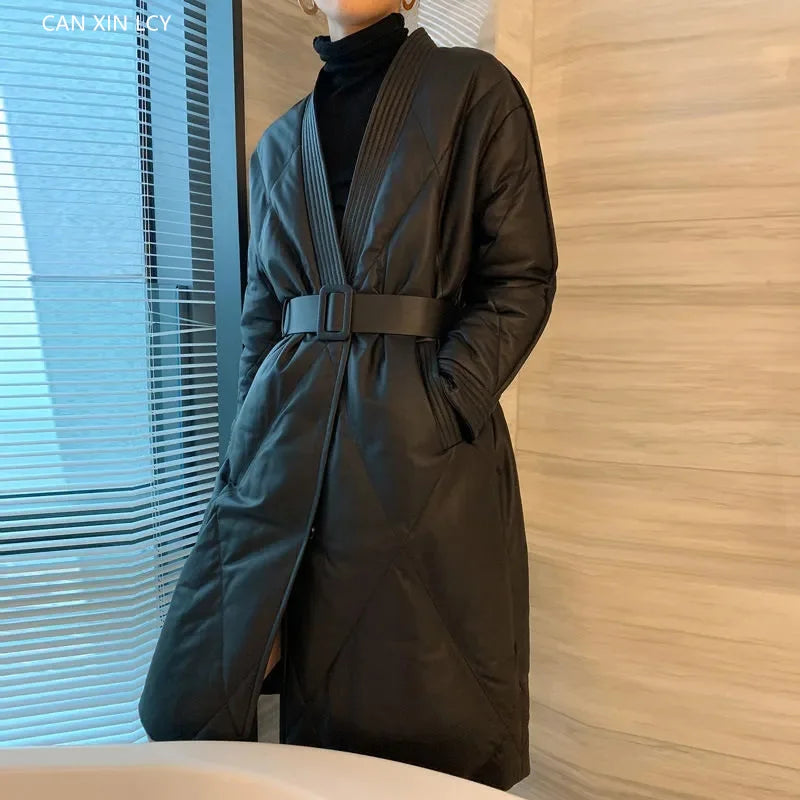High End Leather Jacket New Women Autumn Winter Long PU Leather Windbreaker With Belt Female Down Cotton Coat Thick Warm Parkas