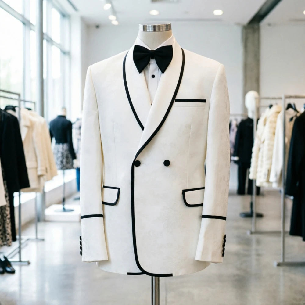 White Wedding Tuxedo Double Breasted for Men Black Piping Groom Suit with Belt Slim Fit Formal Prom Party Blazer with Pants