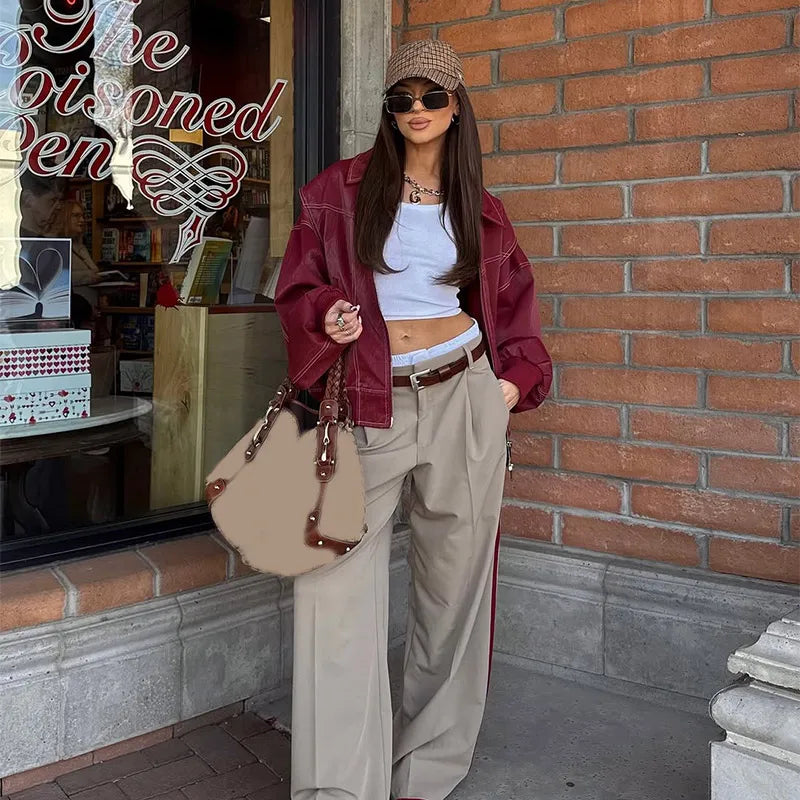 Women Stand Collar Leather Pilot Jacket Red Zipper Cropped Coat Fashion Casual Fashion Outerwear 2026 New Arrival Streetwear
